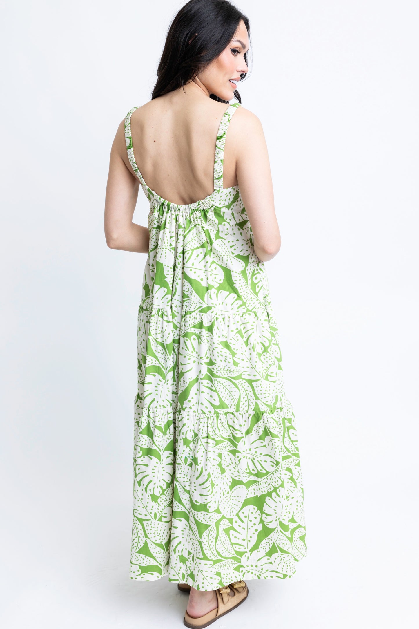 KARLIE - Palm Leaf Ibiza Tier Maxi Dress